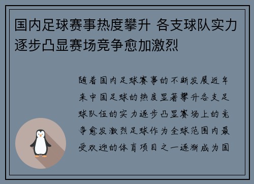 国内足球赛事热度攀升 各支球队实力逐步凸显赛场竞争愈加激烈